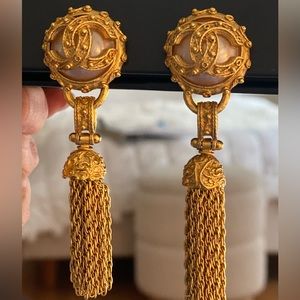 CHANEL Faux Pearl Gold Metal Tassel Earrings